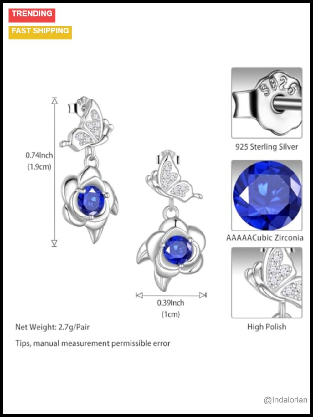 925 Sterling Silver Butterfly Rose Dangle Earrings with Birthstone - Picture 4 of 6